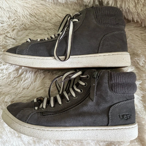 UGG Girls Ladies 5.5 36.5 EU Gray SUEDE OLIVE Hi Top Zip Sneaker CLEAN Fall NICE - Picture 3 of 9